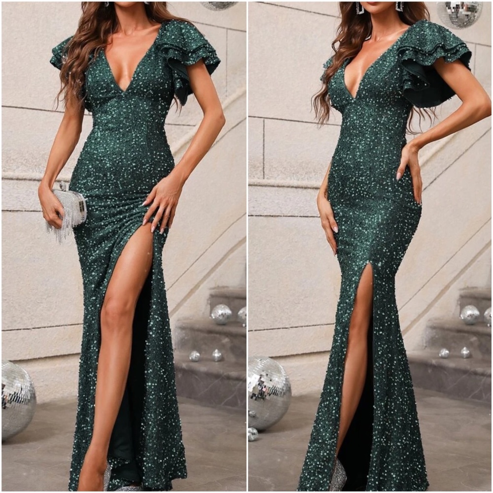 Luxe  Plunging Neck Ruffle Sleeve Evening Formal Wedding Party Dress